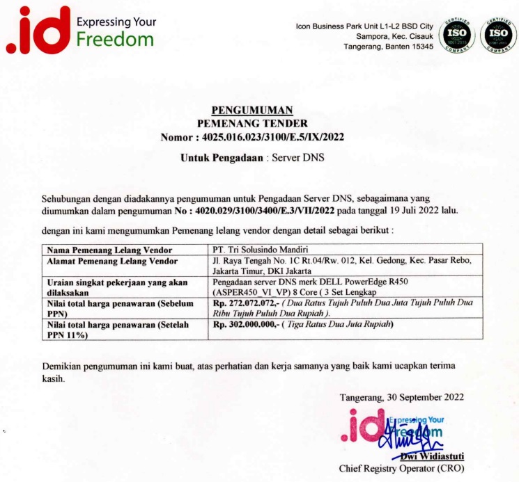 PENGUMUMAN PEMENANG PENGADAAN SERVER DNS